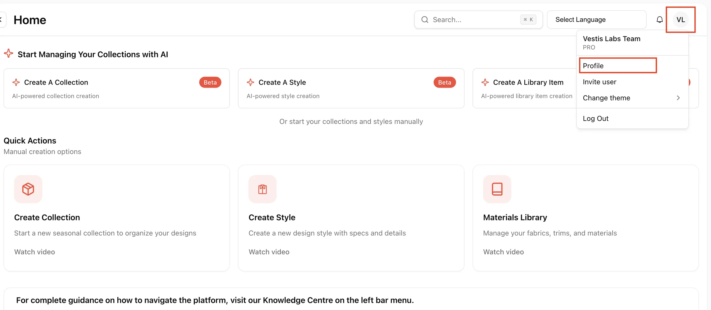 The user menu in the top right corner with the Profile item