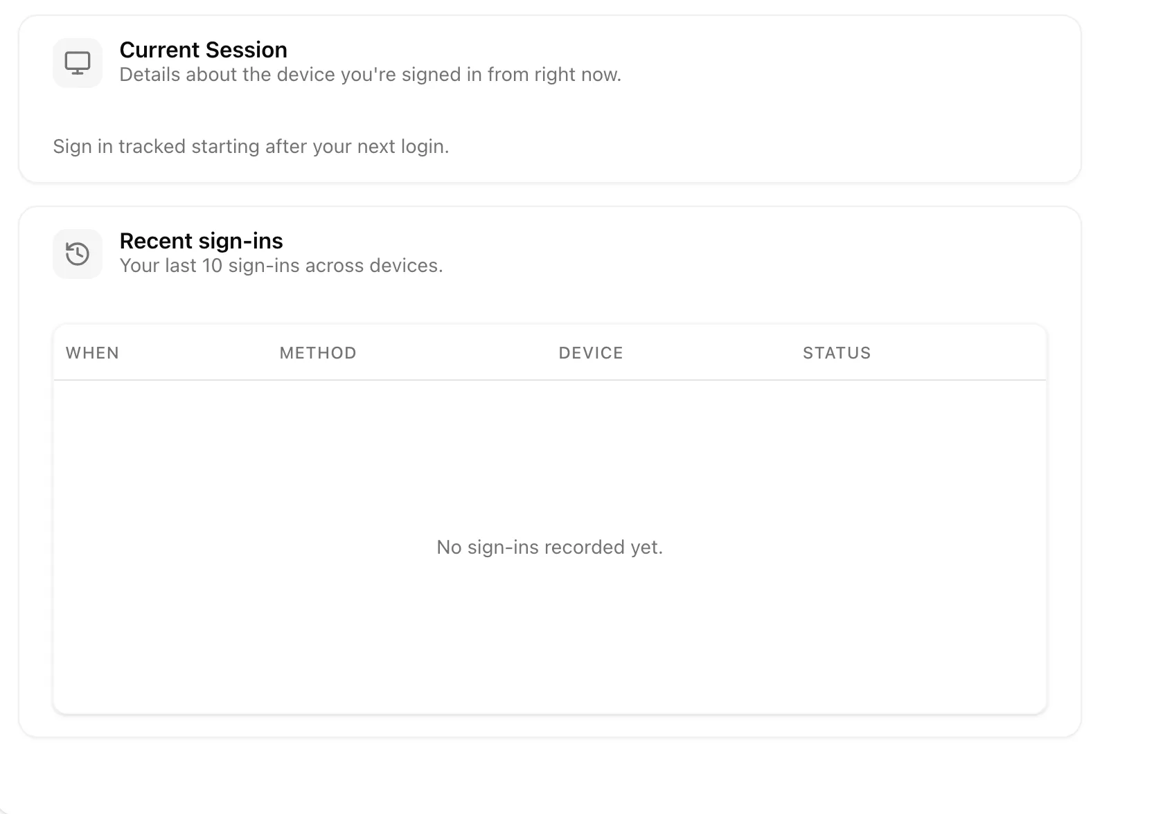 The Current Session card and the Recent sign-ins table