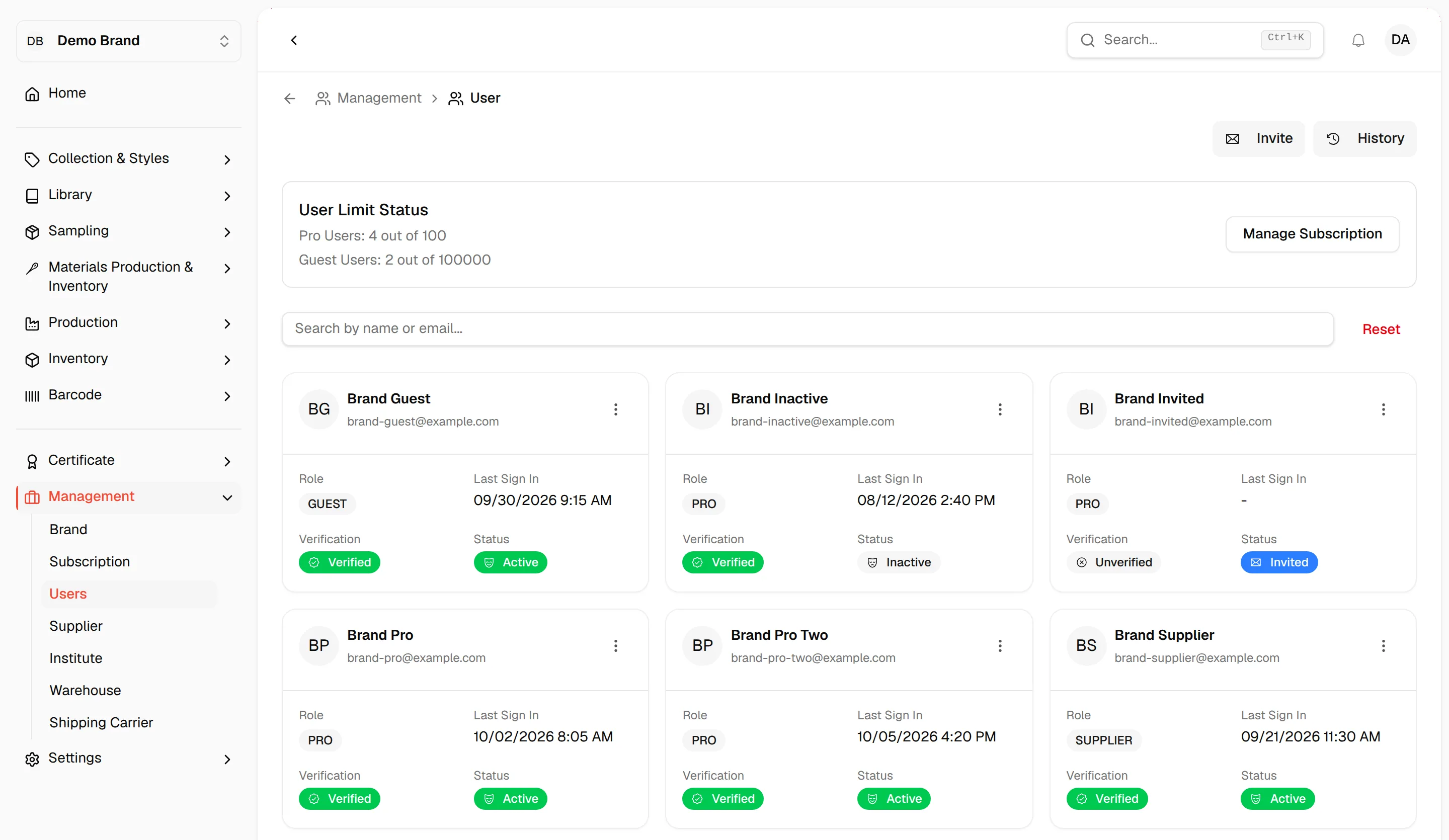 The Users page with one card per user, each showing role, last sign-in, verification and status
