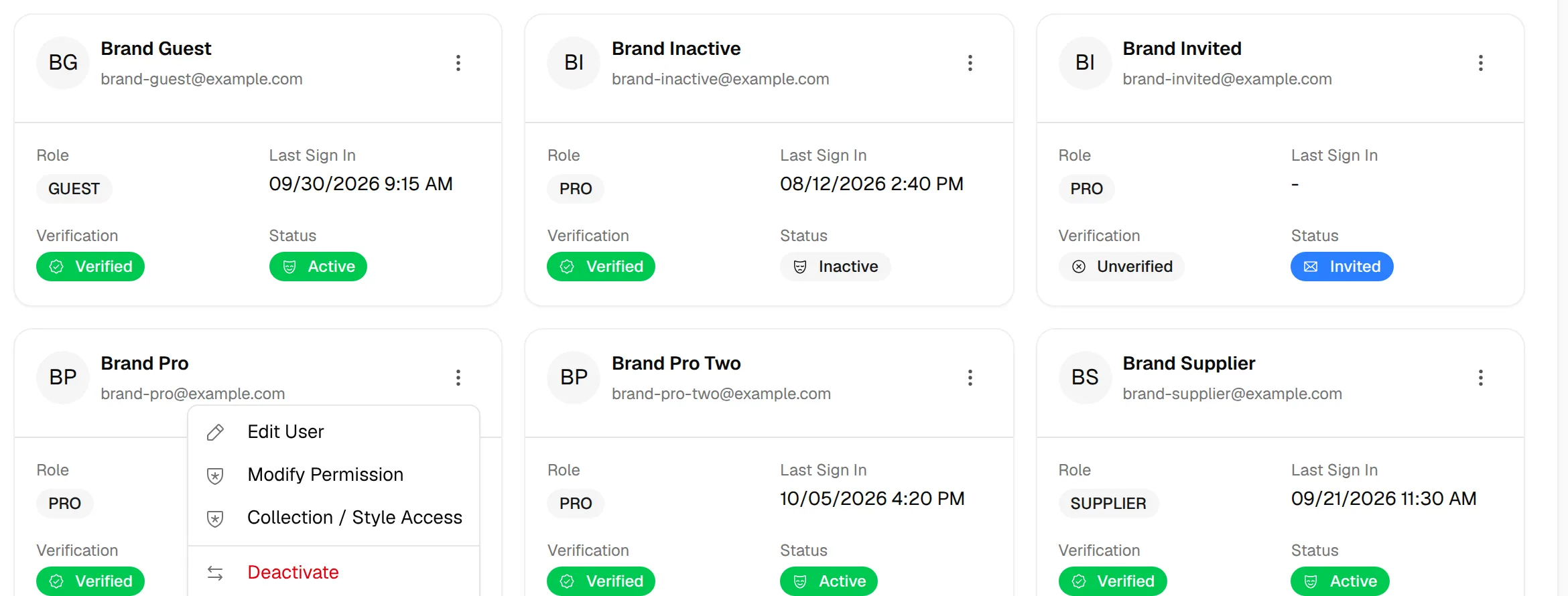 The three dots menu open on a user card, listing the actions for that user