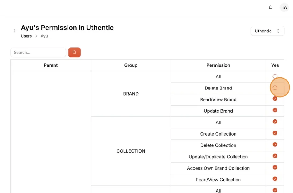 A parent group expanded in the permission table
