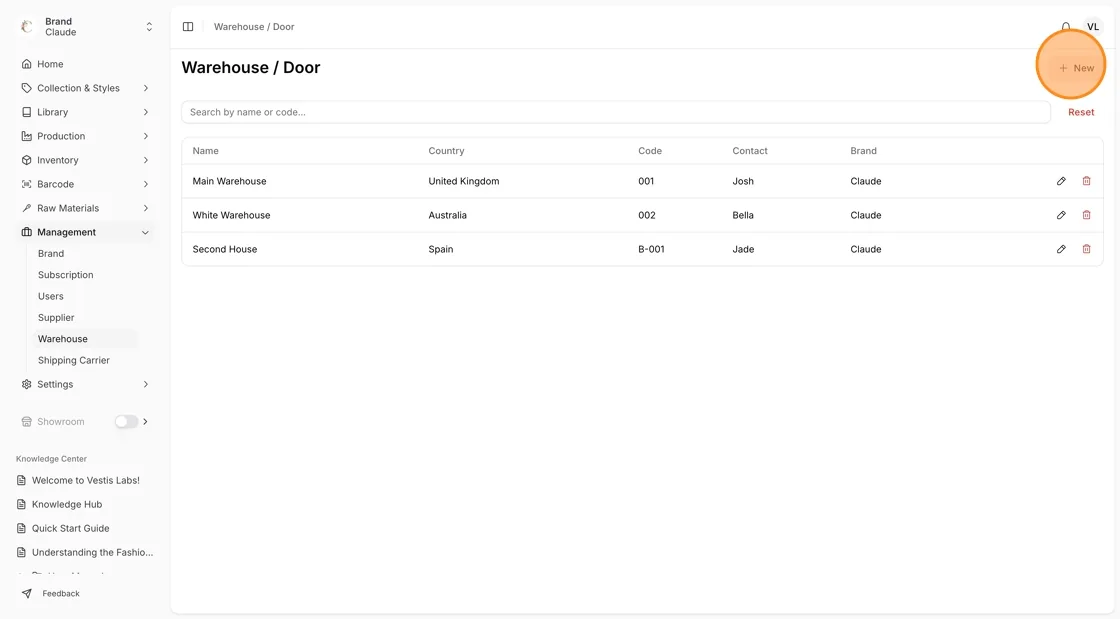 Click + New to create a new warehouse.