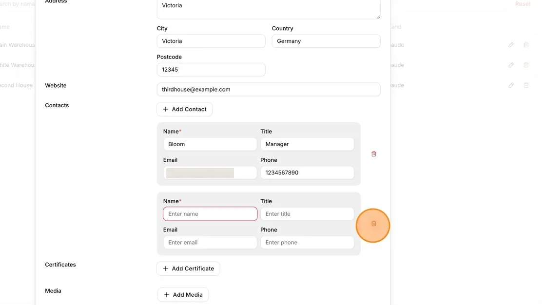 Click the trash icon to delete the contact information.