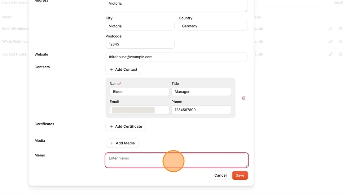 Enter any additional warehouse details in the Memo field.