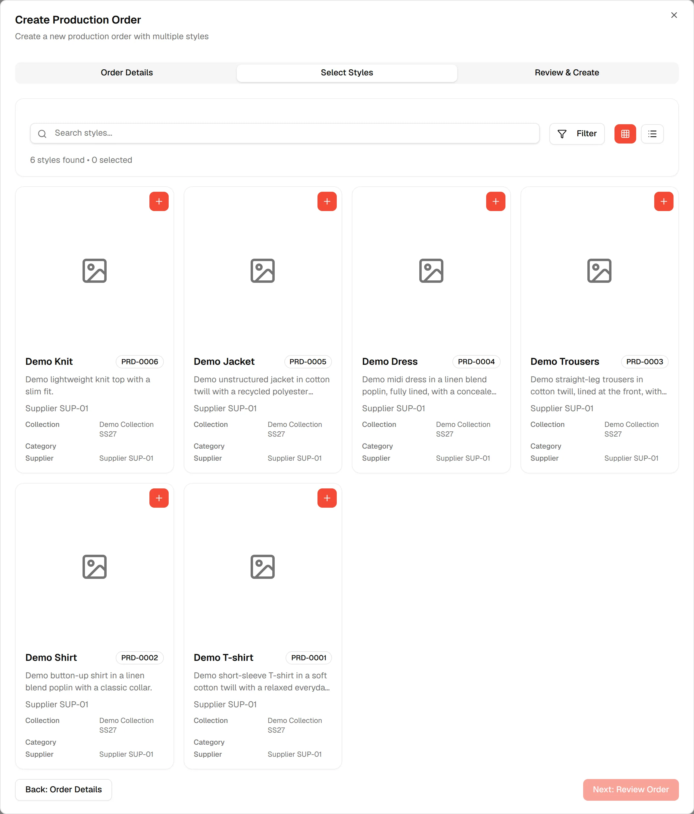 The Select Styles tab listing the styles that can be added to the order