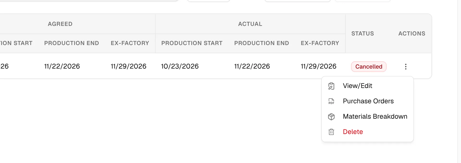 The three-dot menu of an order with View/Edit, Purchase Orders, Materials Breakdown and Delete