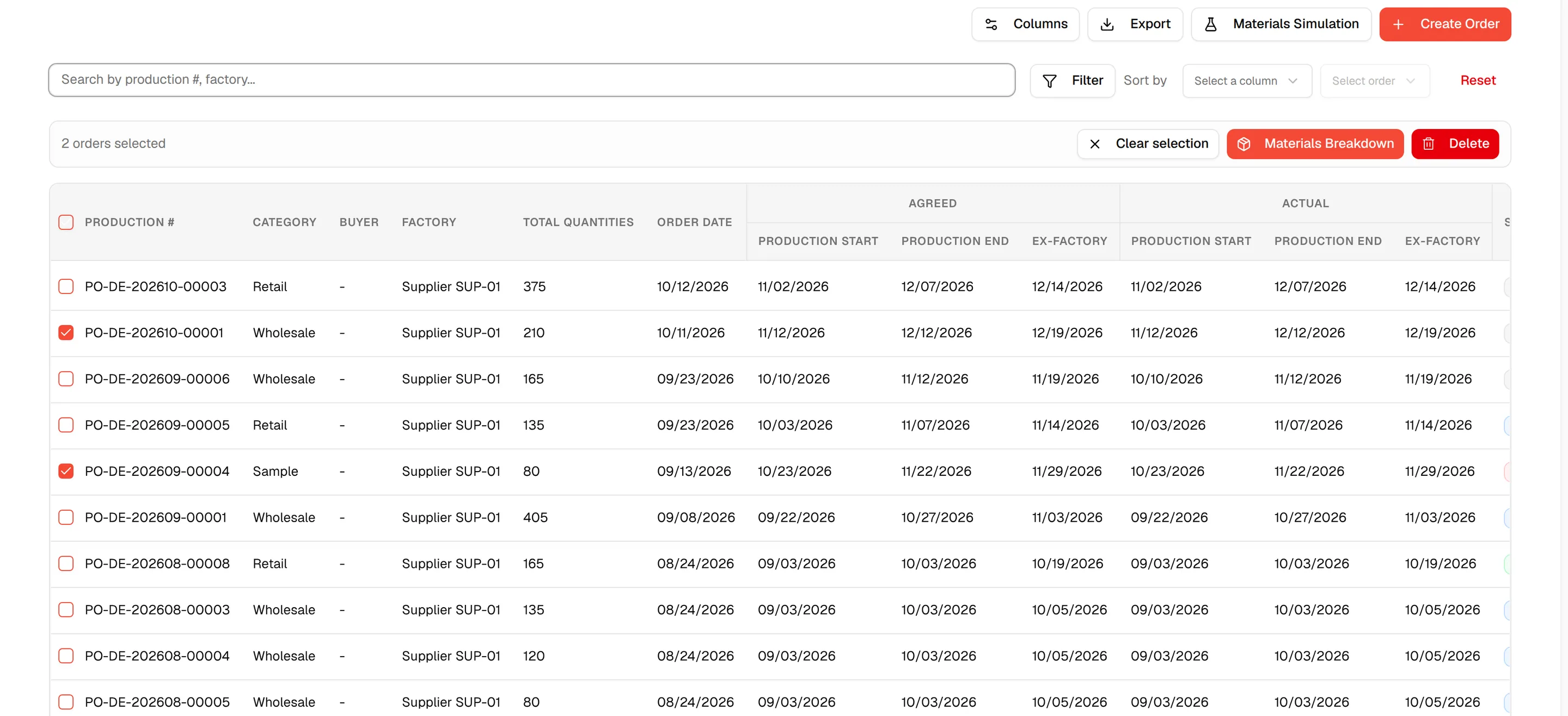 Two orders checked in the list, with the selection bar above the table