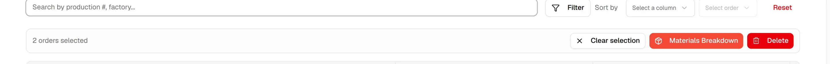 The selection bar with the number of selected orders and the Clear selection, Materials Breakdown and Delete buttons