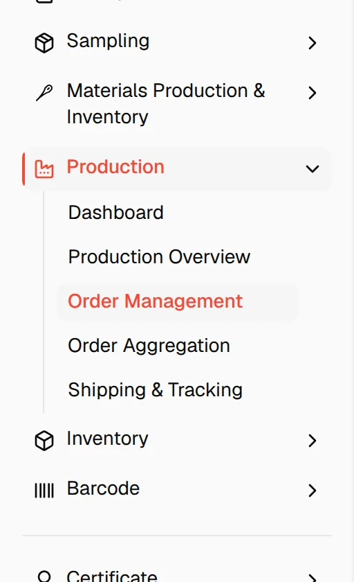 The Production section of the sidebar expanded with Order Management selected