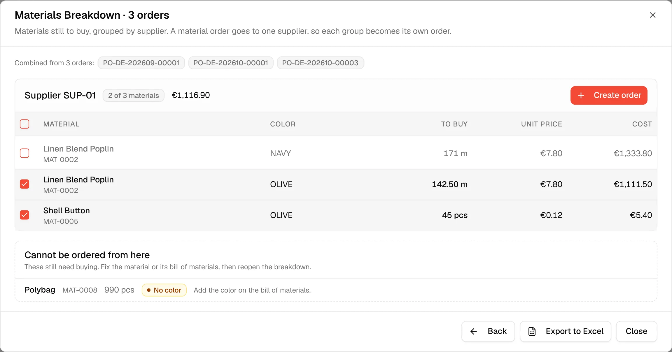 A supplier group with one material unchecked, so the group total follows the selection