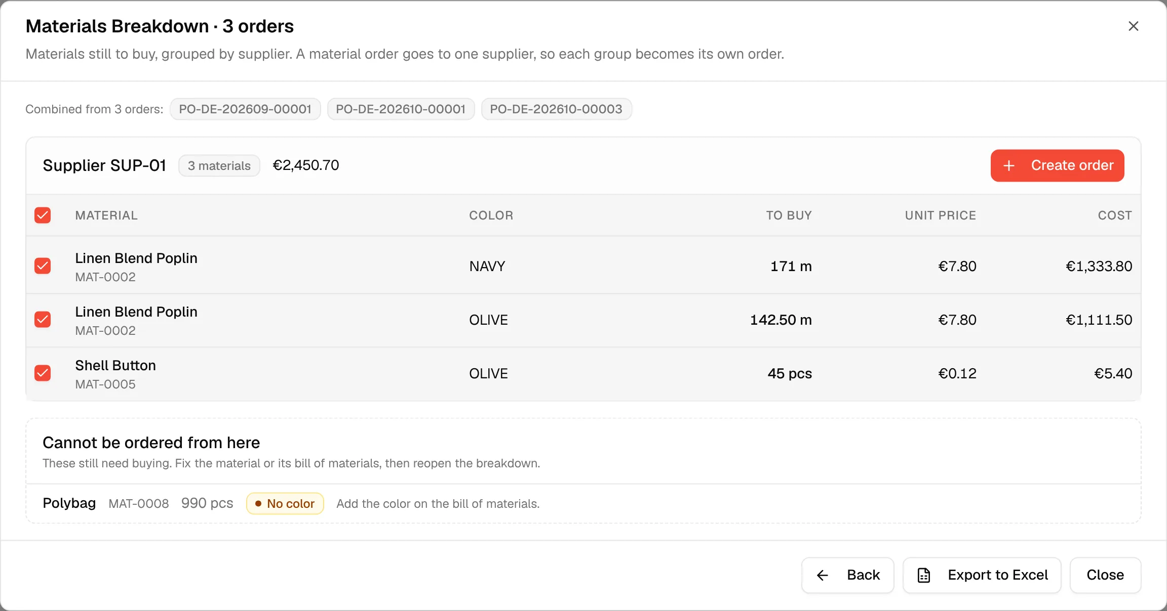 The Create order button on a supplier group, which opens the material order form
