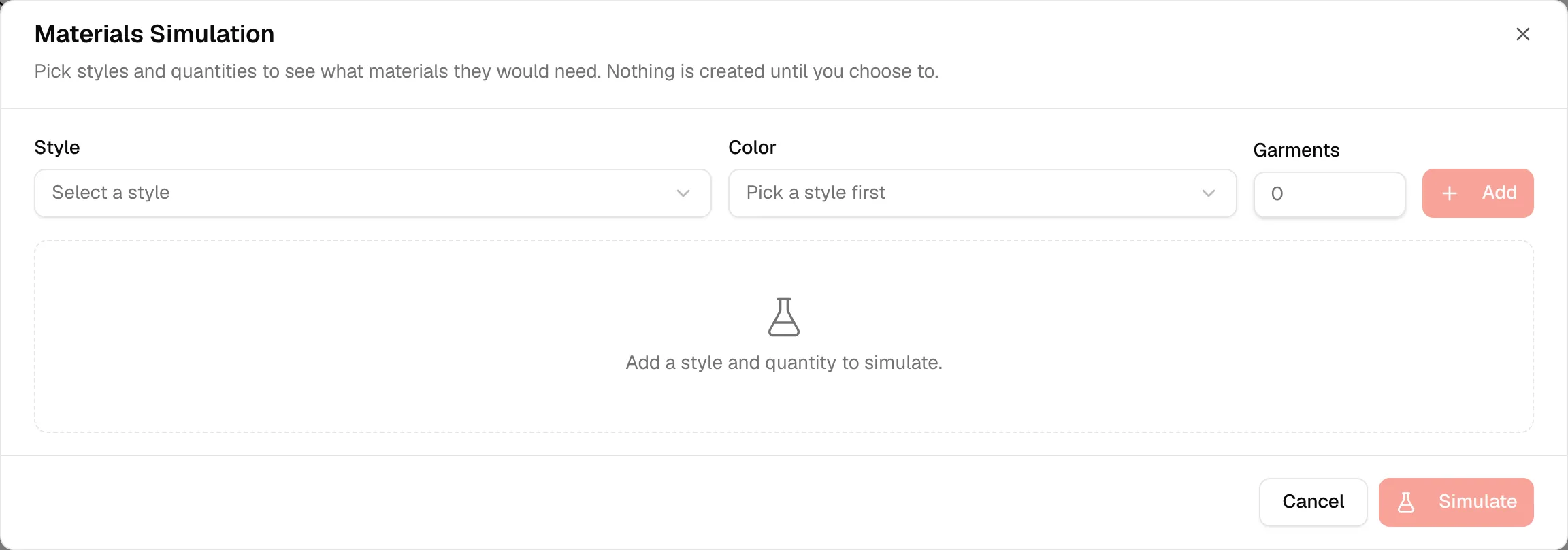 The Materials Simulation dialog with the Style, Color and Garments fields and an empty list of lines