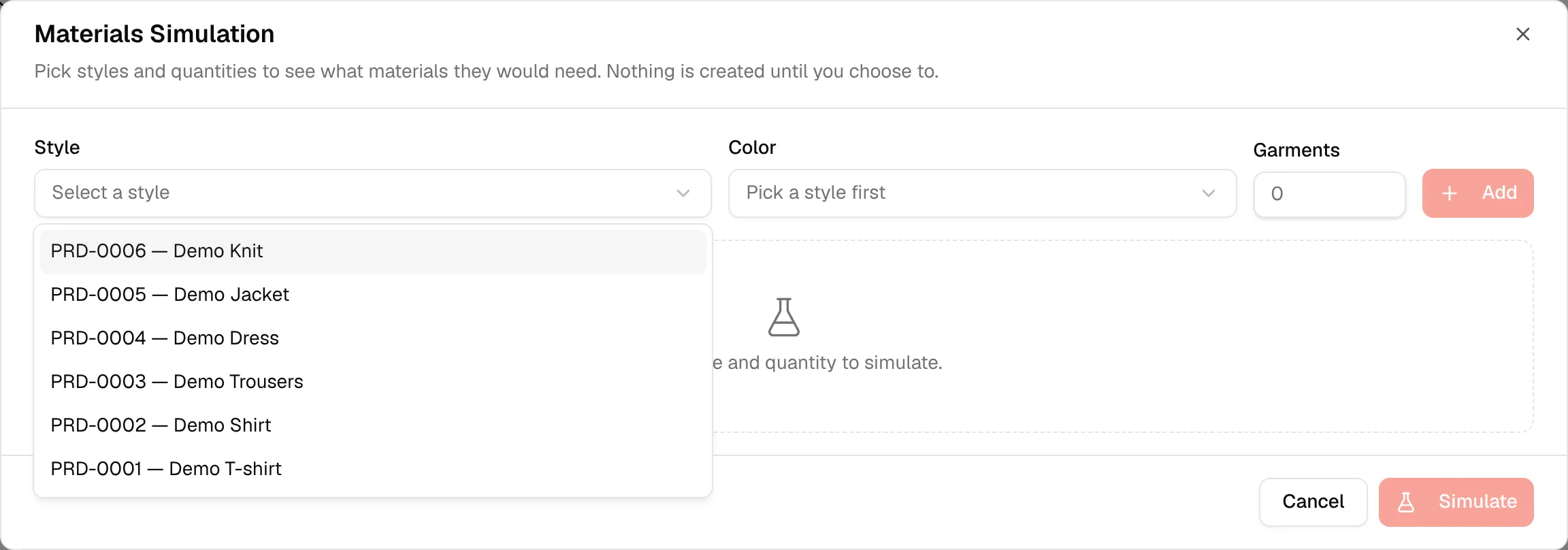 The Style dropdown open with each style shown by its code and name