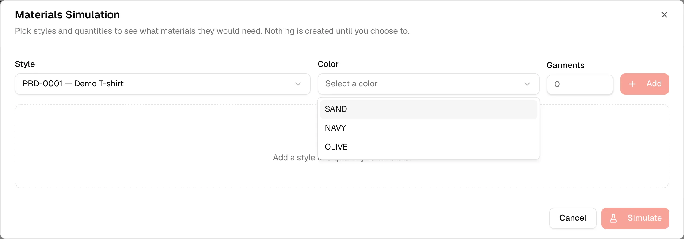 The Color dropdown open with the colours of the chosen style