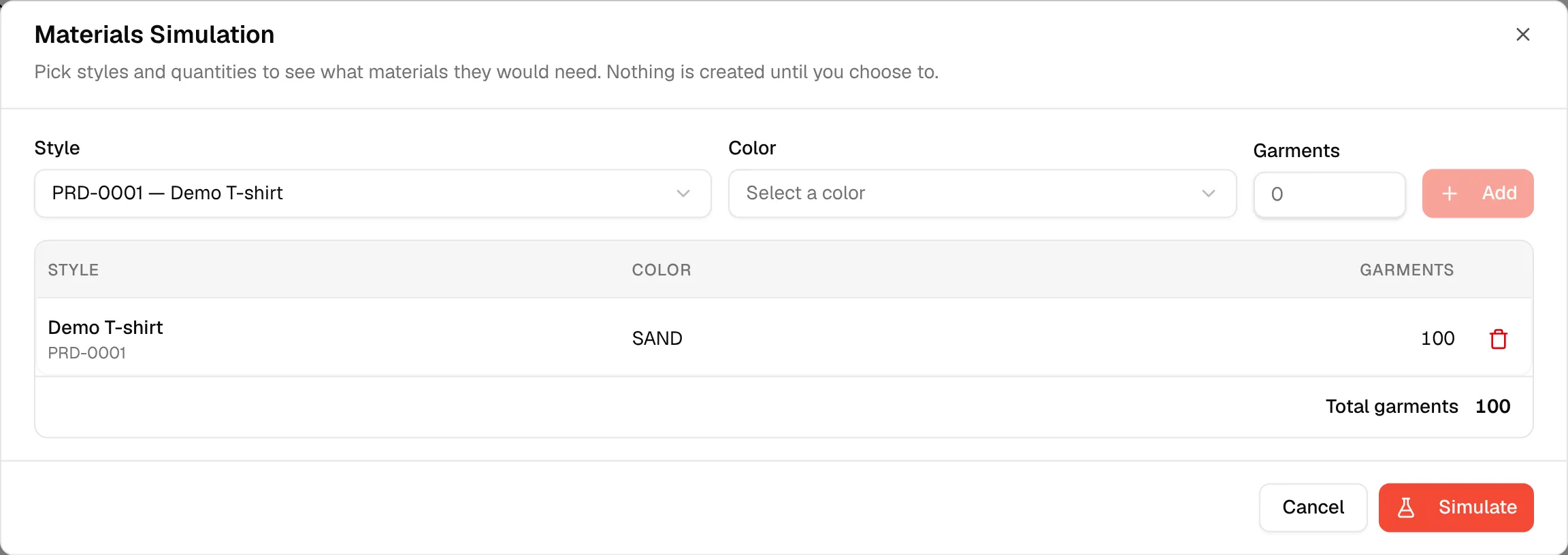 The added line in the list with the style, colour and garments, and Total garments under it