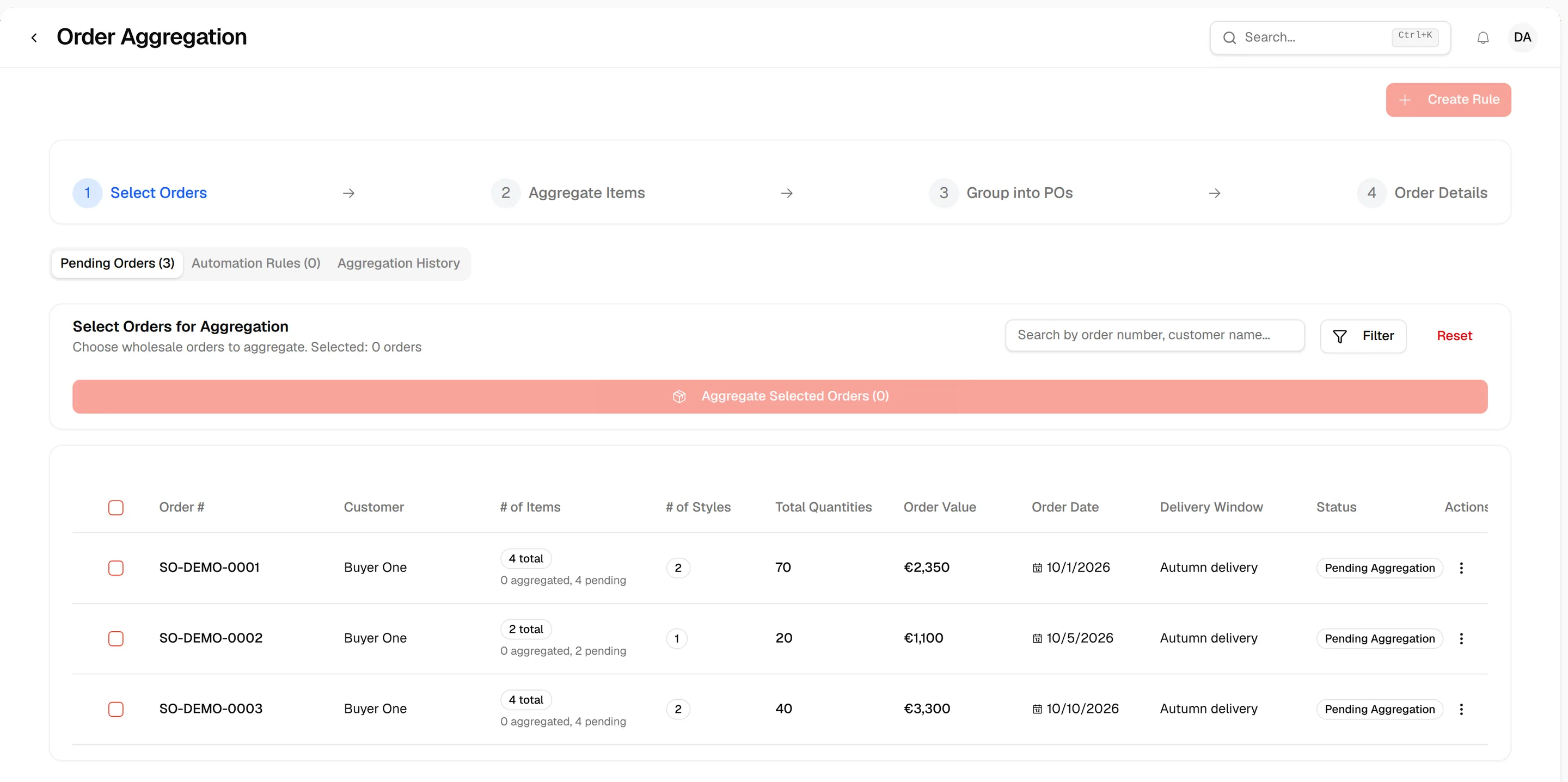 The Order Aggregation page with the four steps at the top and the Pending Orders tab listing the wholesale orders