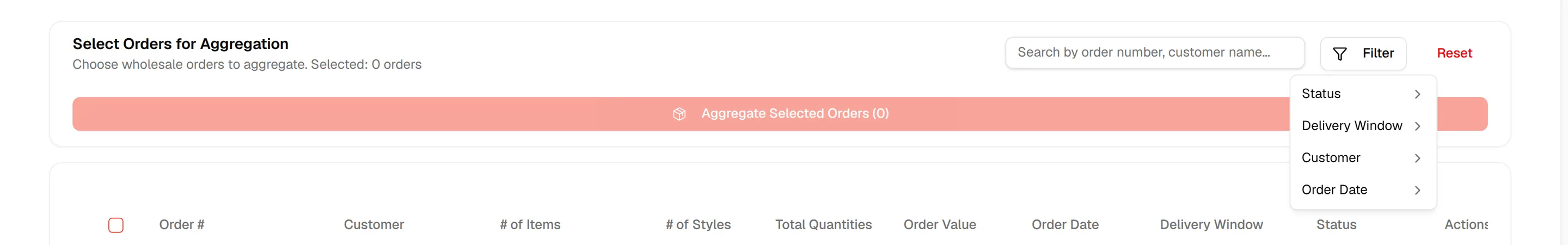 The search box and the Filter menu with Status, Delivery Window, Customer and Order Date