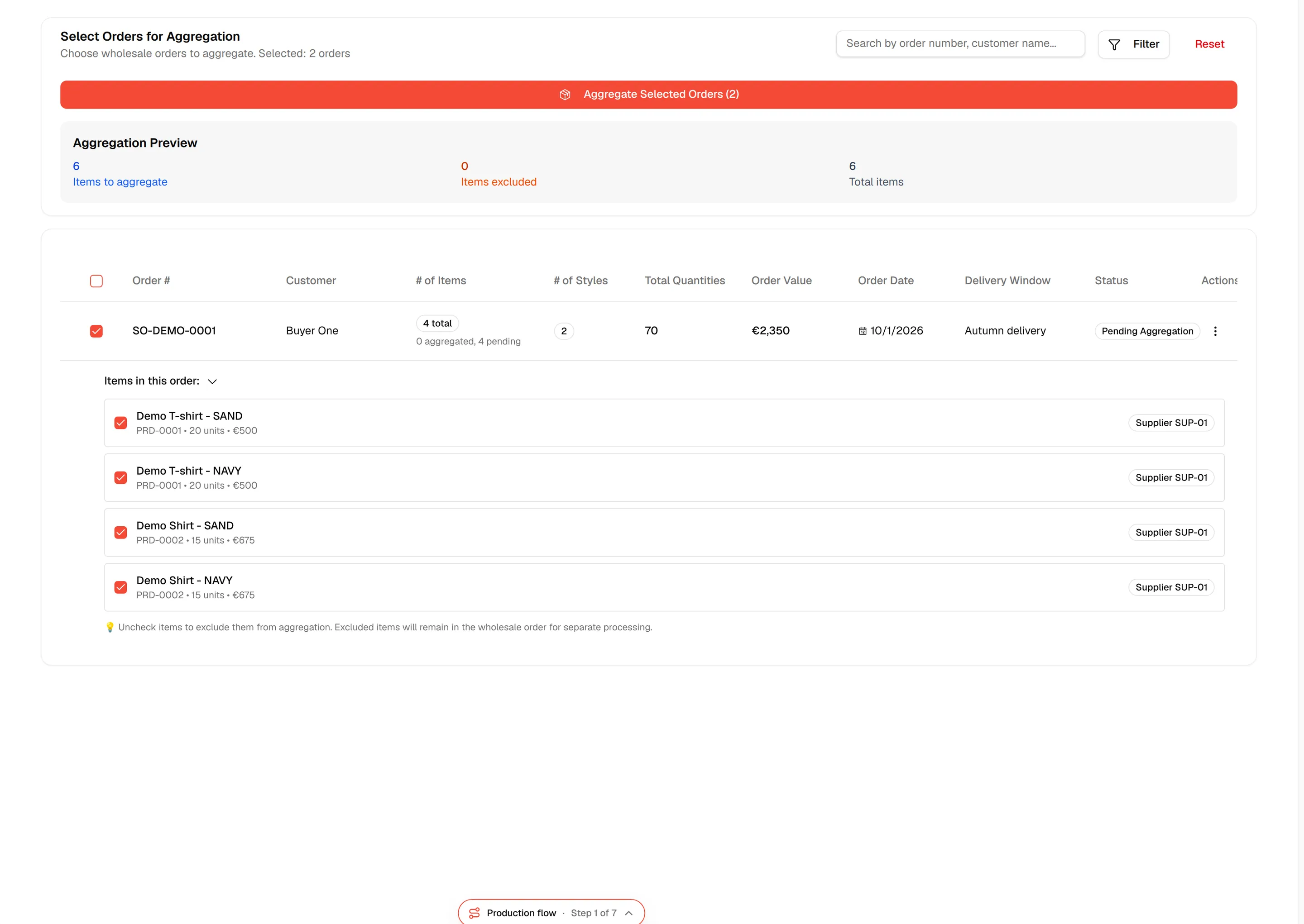 Two orders ticked, with the heading reading Selected: 2 orders and the aggregate button showing the count
