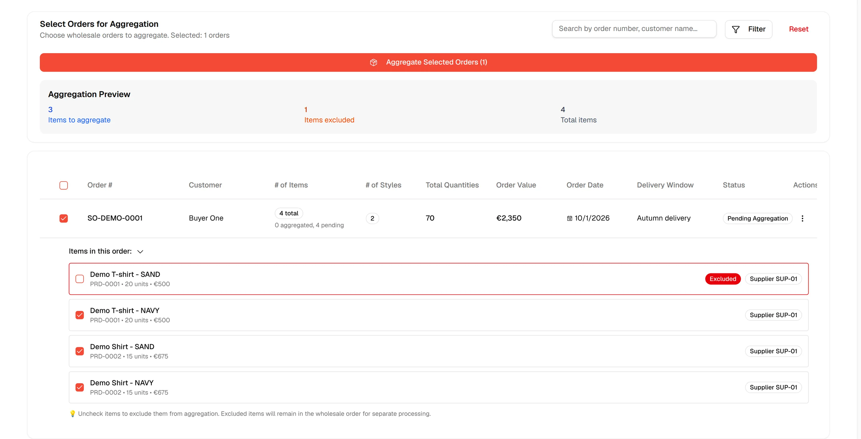 The items of the selected order with one item unchecked, so it is excluded from this run