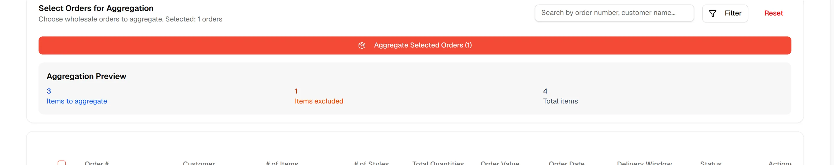 The Aggregation Preview showing Items to aggregate, Items excluded and Total items