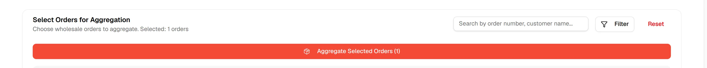 The Aggregate Selected Orders button enabled once an order is selected