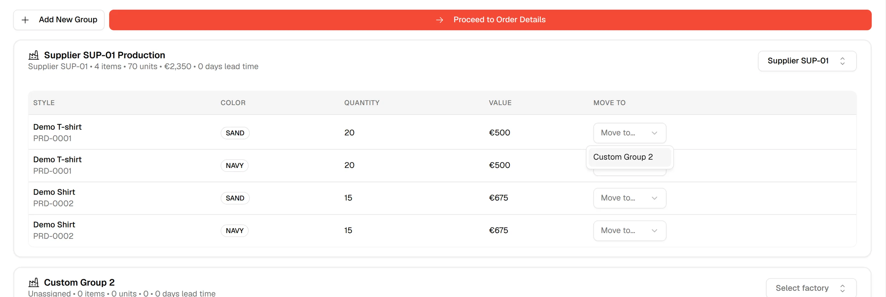The Move to dropdown open on an item of the group, offering the new Custom Group created with Add New Group