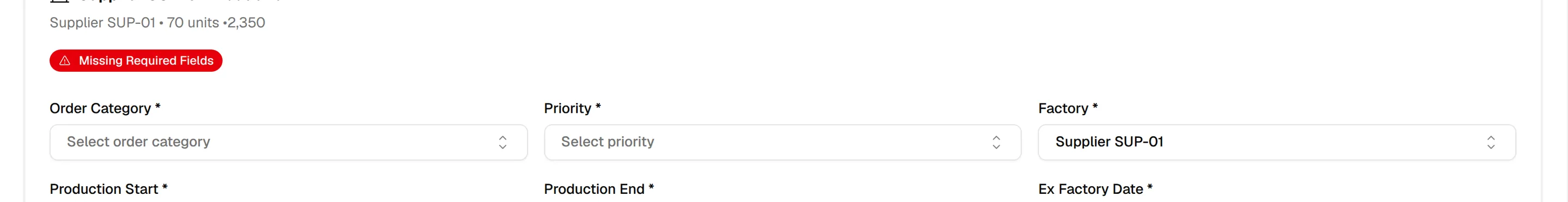 The card of a group on the Production Order Details step with the Missing Required Fields badge