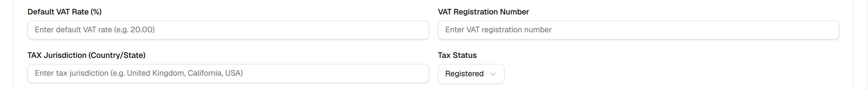 The optional tax fields: VAT rate, VAT registration number, tax jurisdiction and tax status