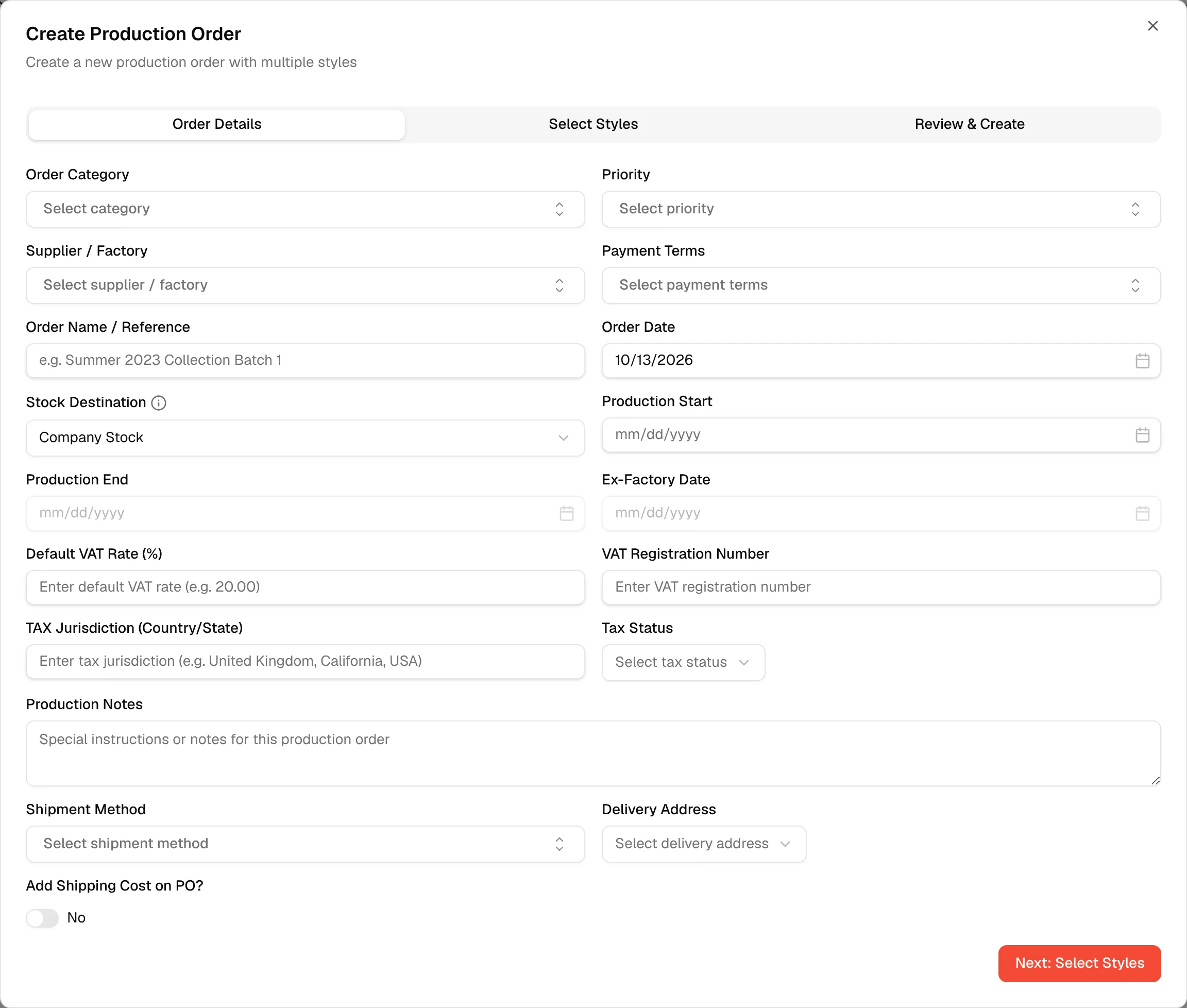 The Order Details tab of the Create Production Order dialog, opened with Create Order