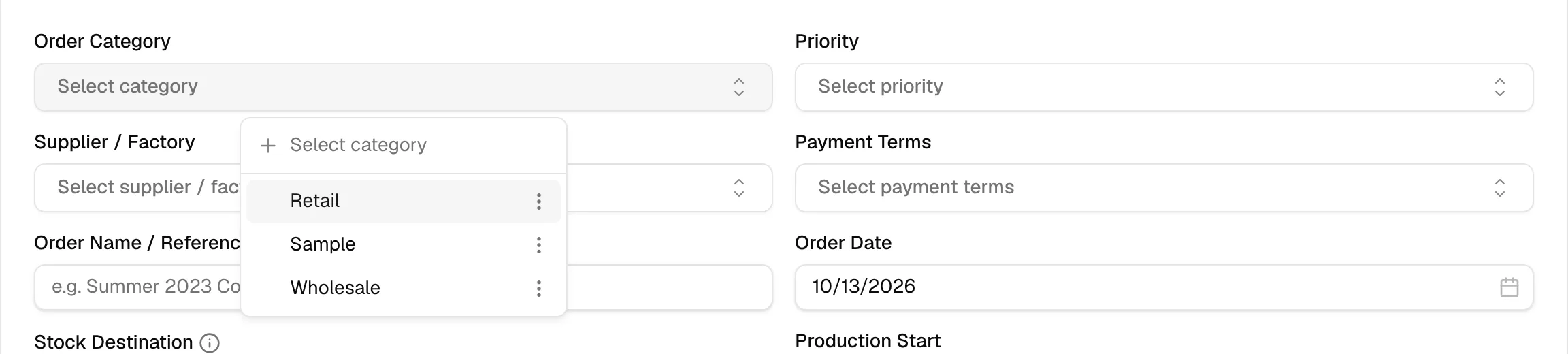 The Order Category dropdown open with the available categories