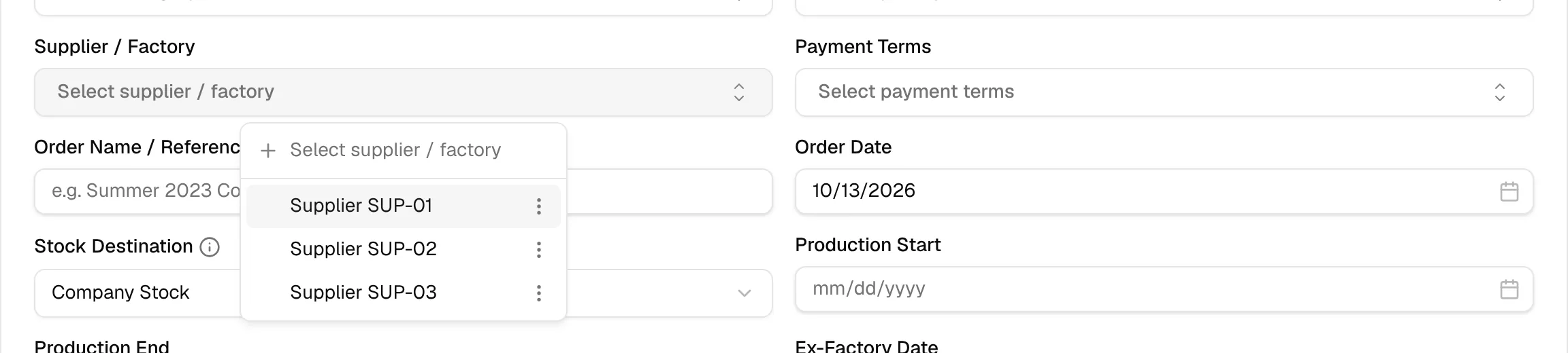 The Supplier / Factory dropdown open with the suppliers of the brand