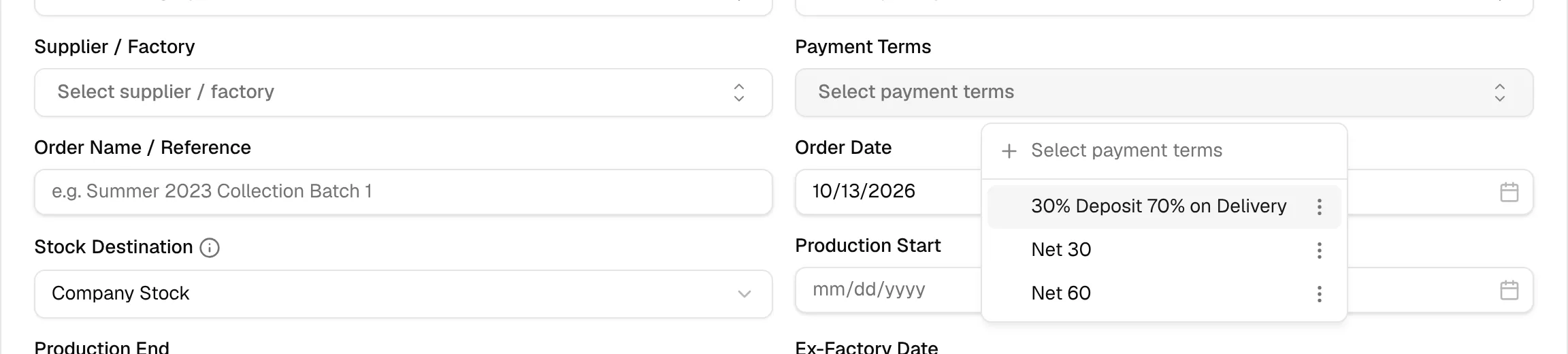 The Payment Terms dropdown open with the saved payment terms