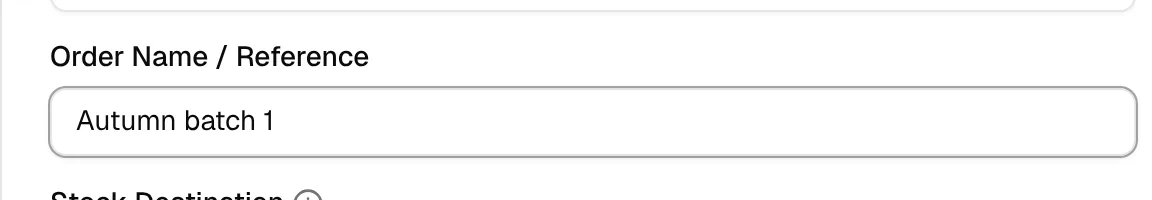The Order Name / Reference field filled with a custom reference