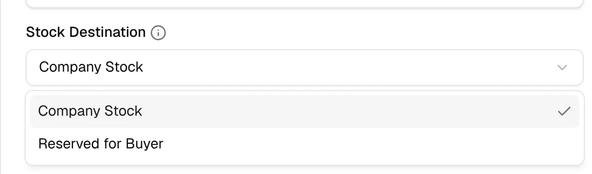 The Stock Destination dropdown open with Company Stock and Reserved for Buyer
