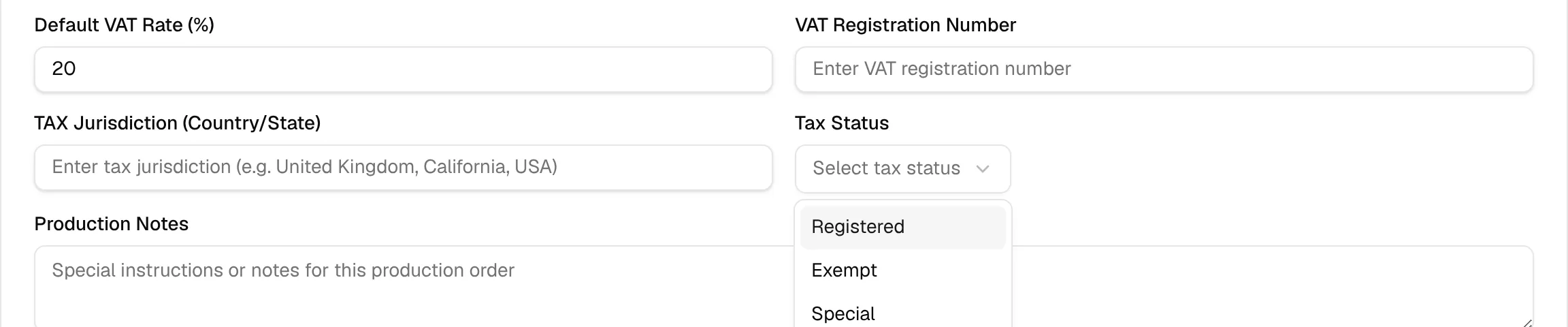 The tax fields with the Tax Status dropdown open showing Registered, Exempt and Special