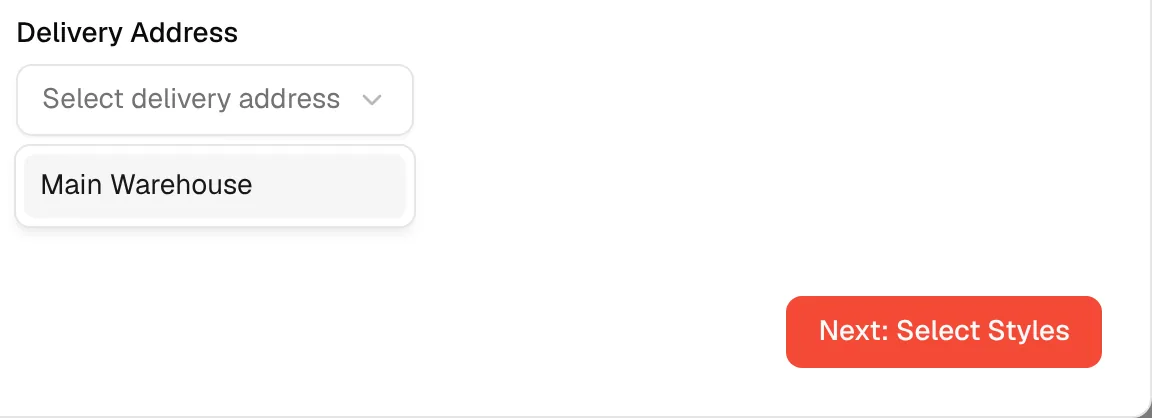 The Delivery Address dropdown open with the warehouses of the brand
