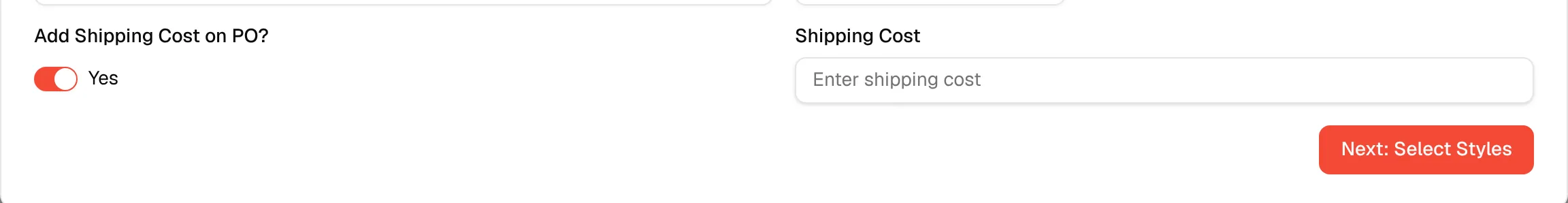 The Add Shipping Cost on PO toggle turned on, with the Shipping Cost field below it