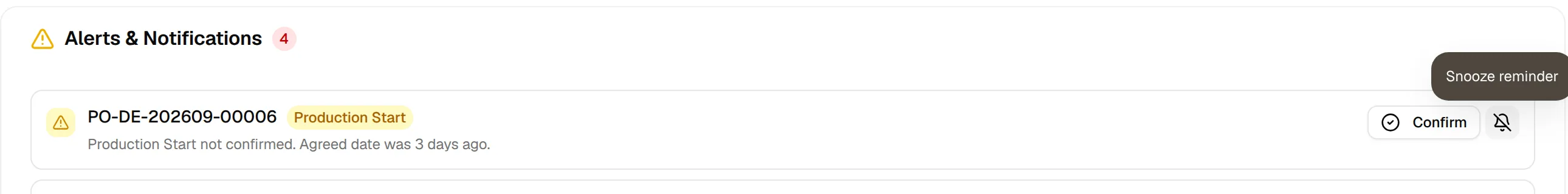 The Snooze reminder tooltip shown when hovering the bell icon of an alert