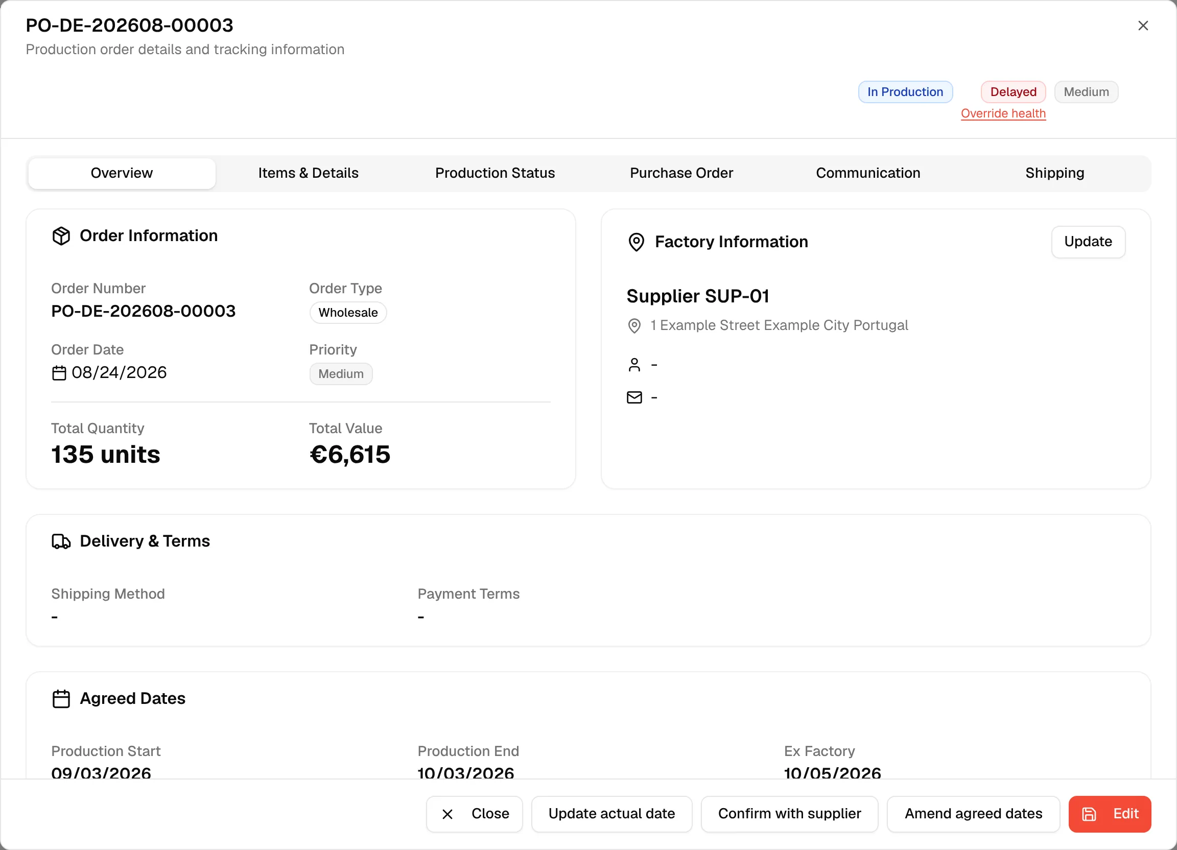 The Production Order dialog opened from View Details, with its Overview, Items & Details, Production Status, Purchase Order, Communication and Shipping tabs