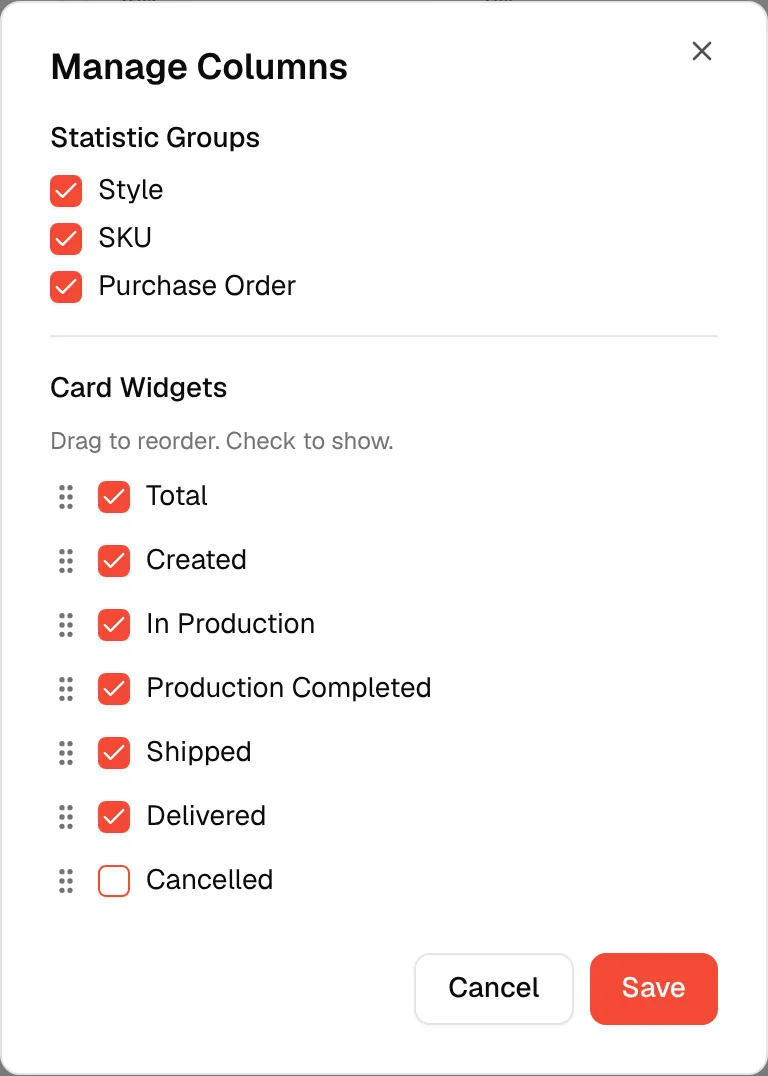 The Card Widgets list with one status card unchecked