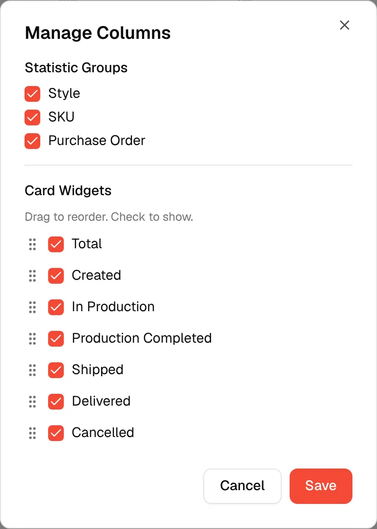The Save and Cancel buttons at the bottom of the Manage Columns dialog
