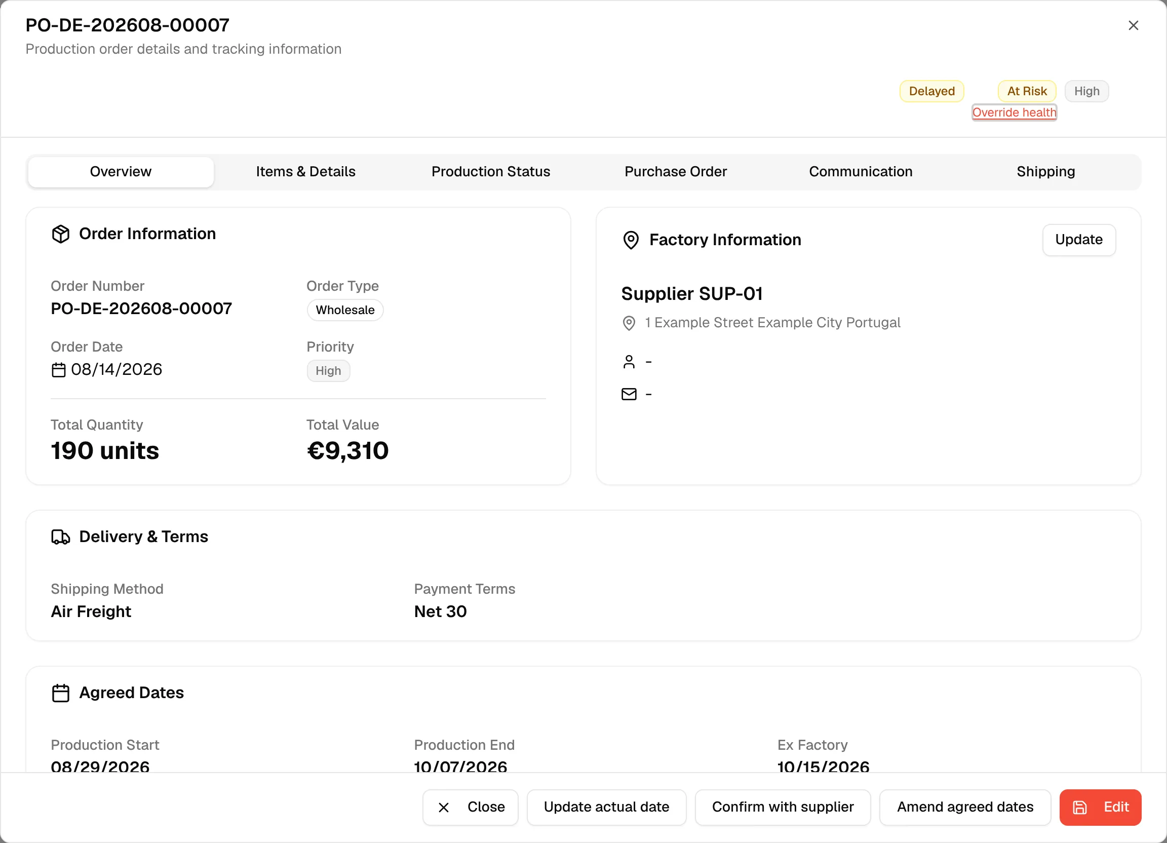 The order dialog with the Amend agreed dates button next to Edit at the bottom