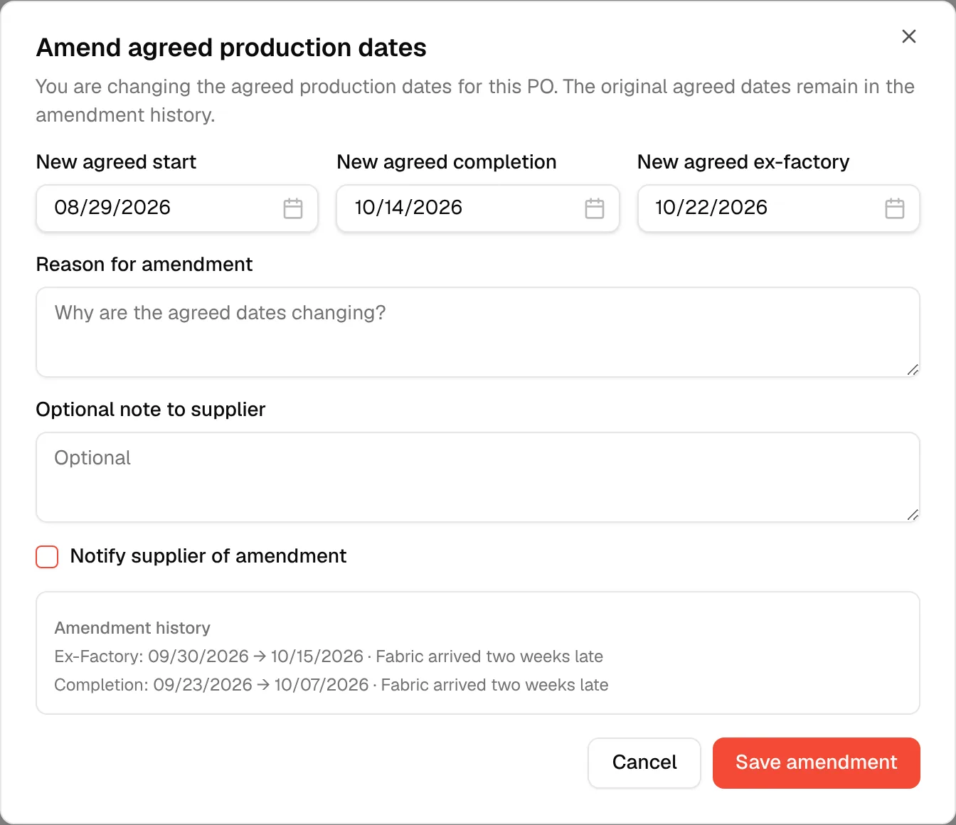 The Amend agreed production dates dialog with the new completion and ex-factory dates changed and the earlier amendments listed below