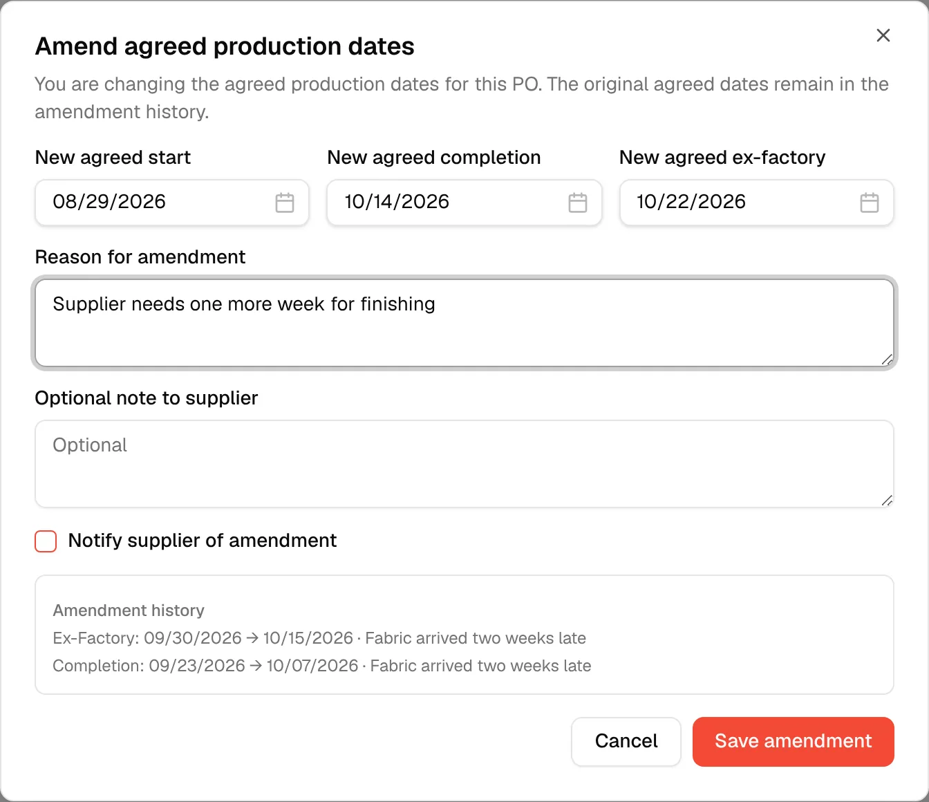 The Reason for amendment box filled in, which is required before saving