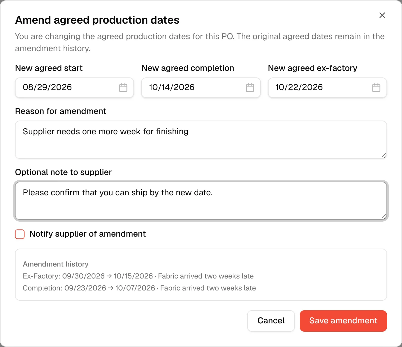 The Optional note to supplier box filled in below the reason