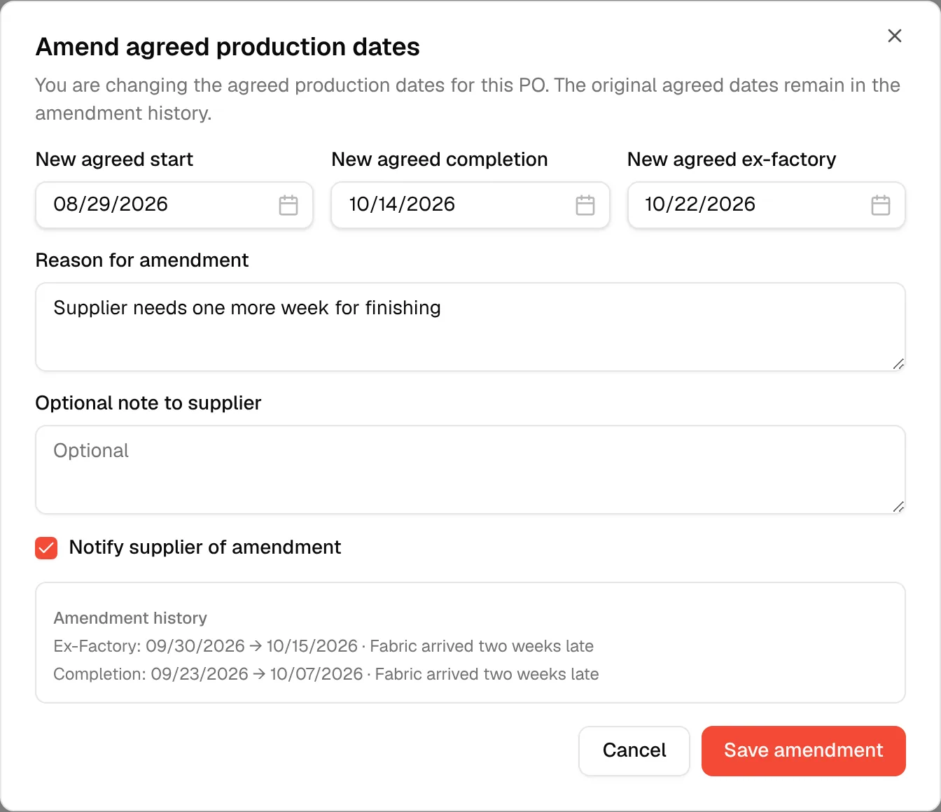 The Notify supplier of amendment checkbox checked