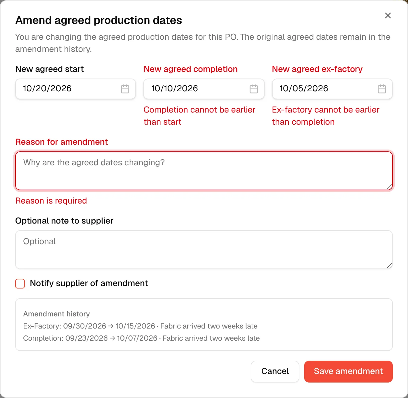 The messages under the date fields and the reason box when the dates are in the wrong order and no reason is entered