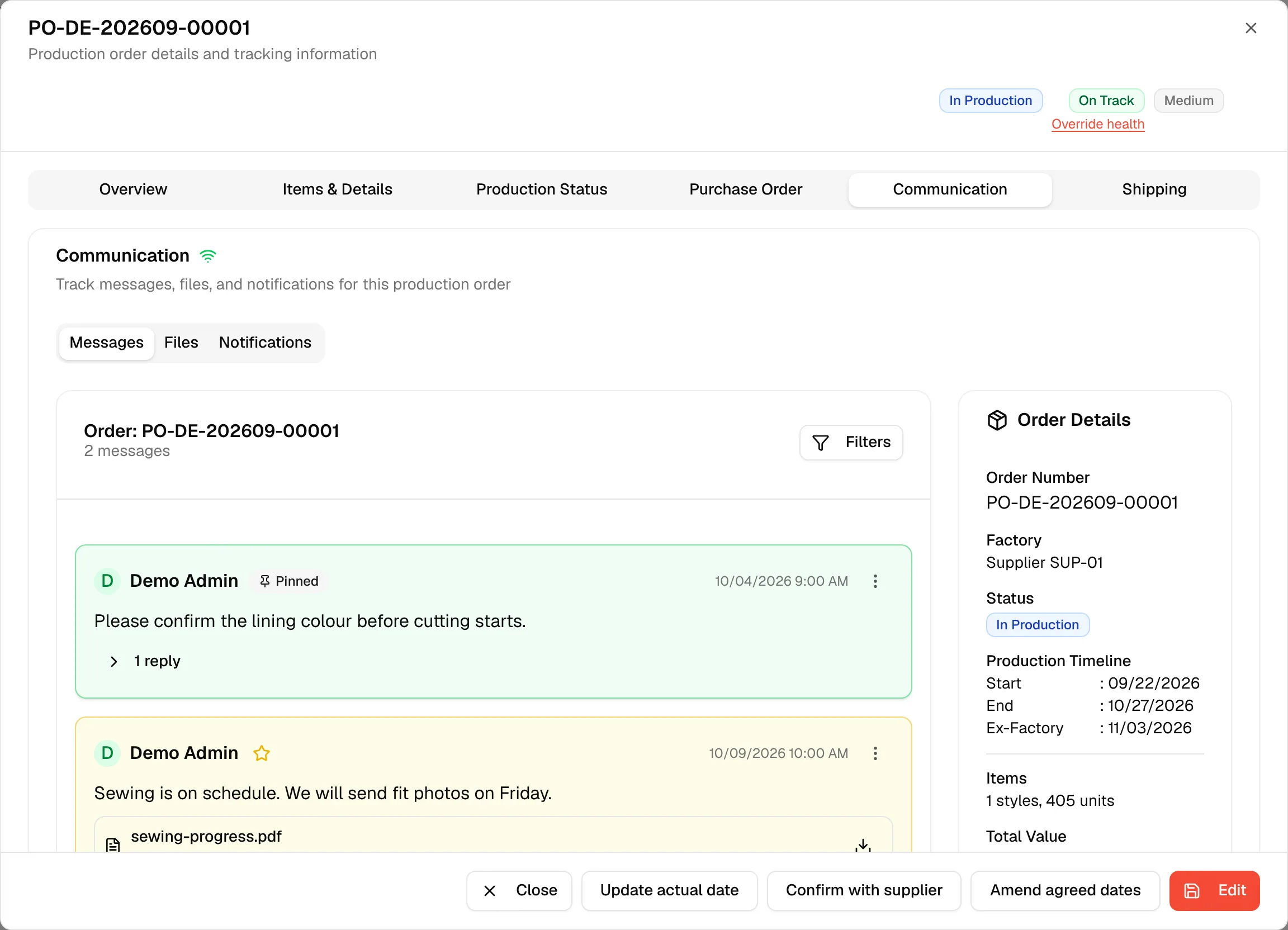The Communication tab with the Messages thread, a pinned message with a reply and the order details beside it