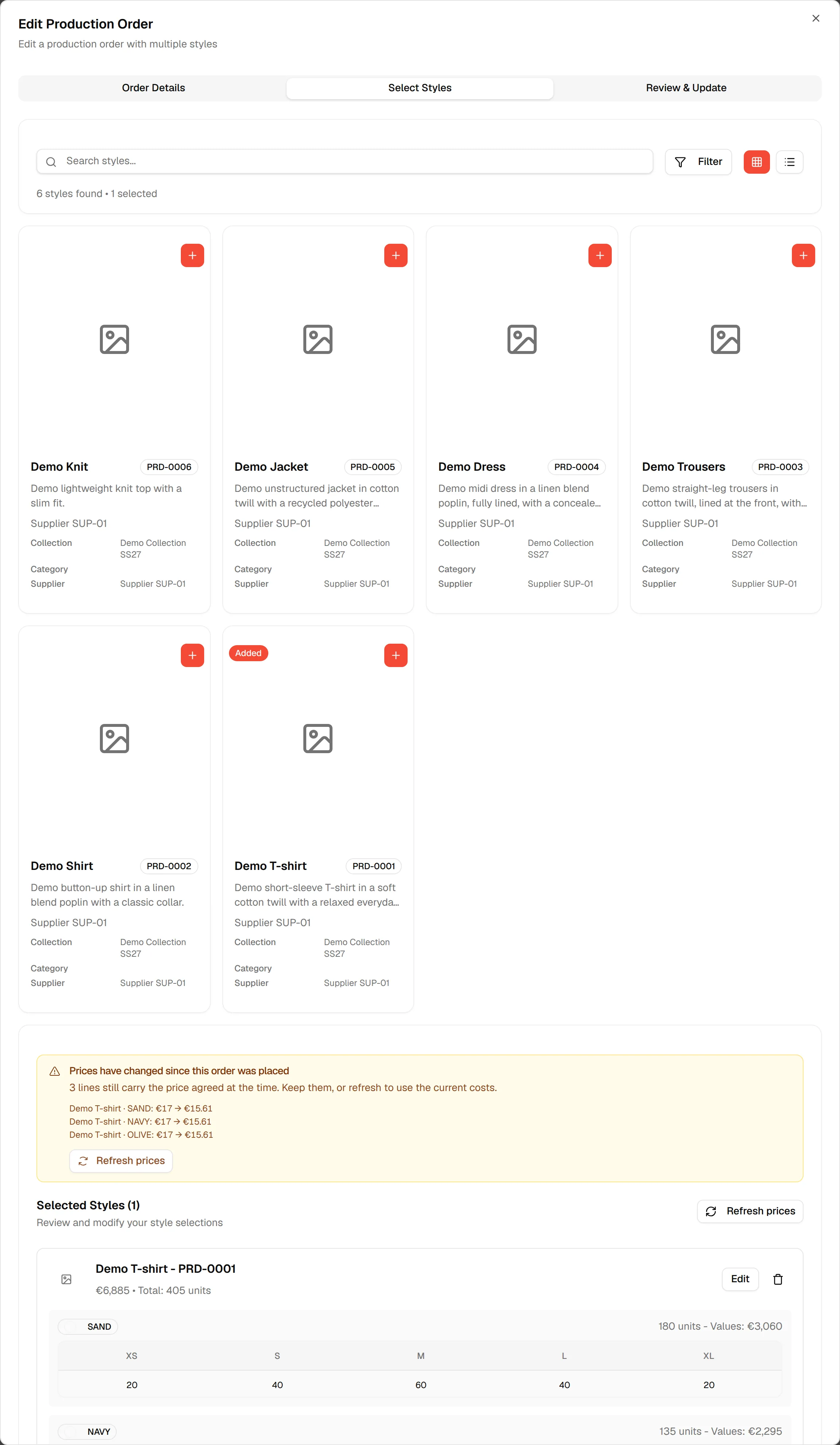The Select Styles tab of the editor with the styles already on the order under Selected Styles