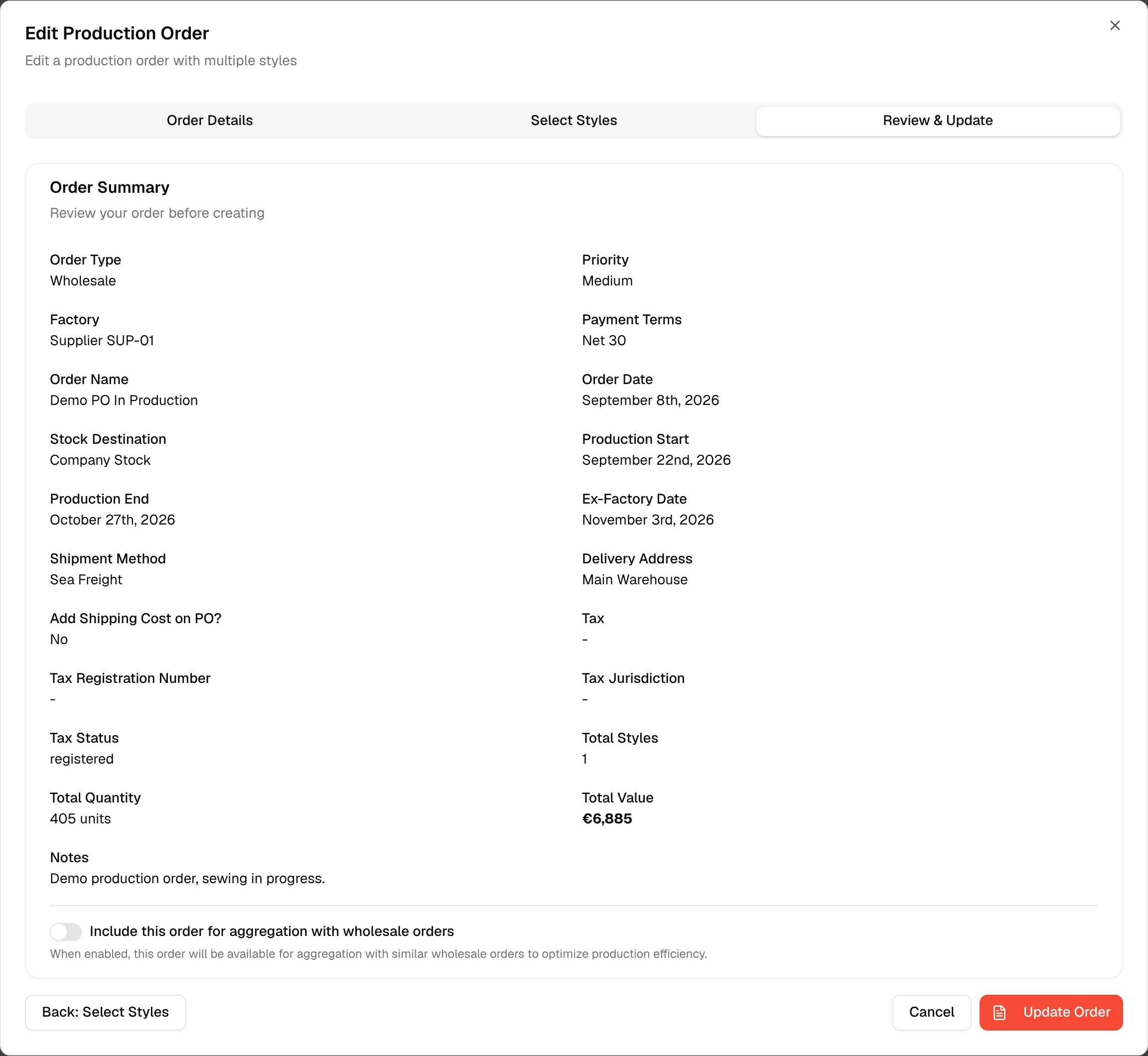 The Review & Update tab with the Order Summary of the order